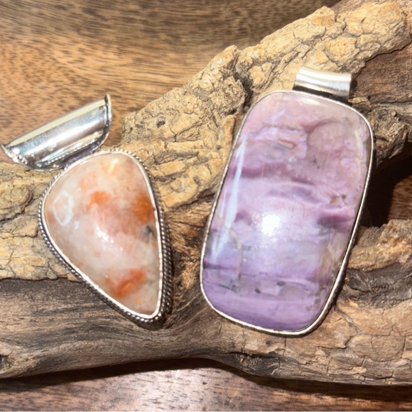 Sale - Sunstone Pendant + Raw Lepidolite Gemstone Handcrafted pendant SET
